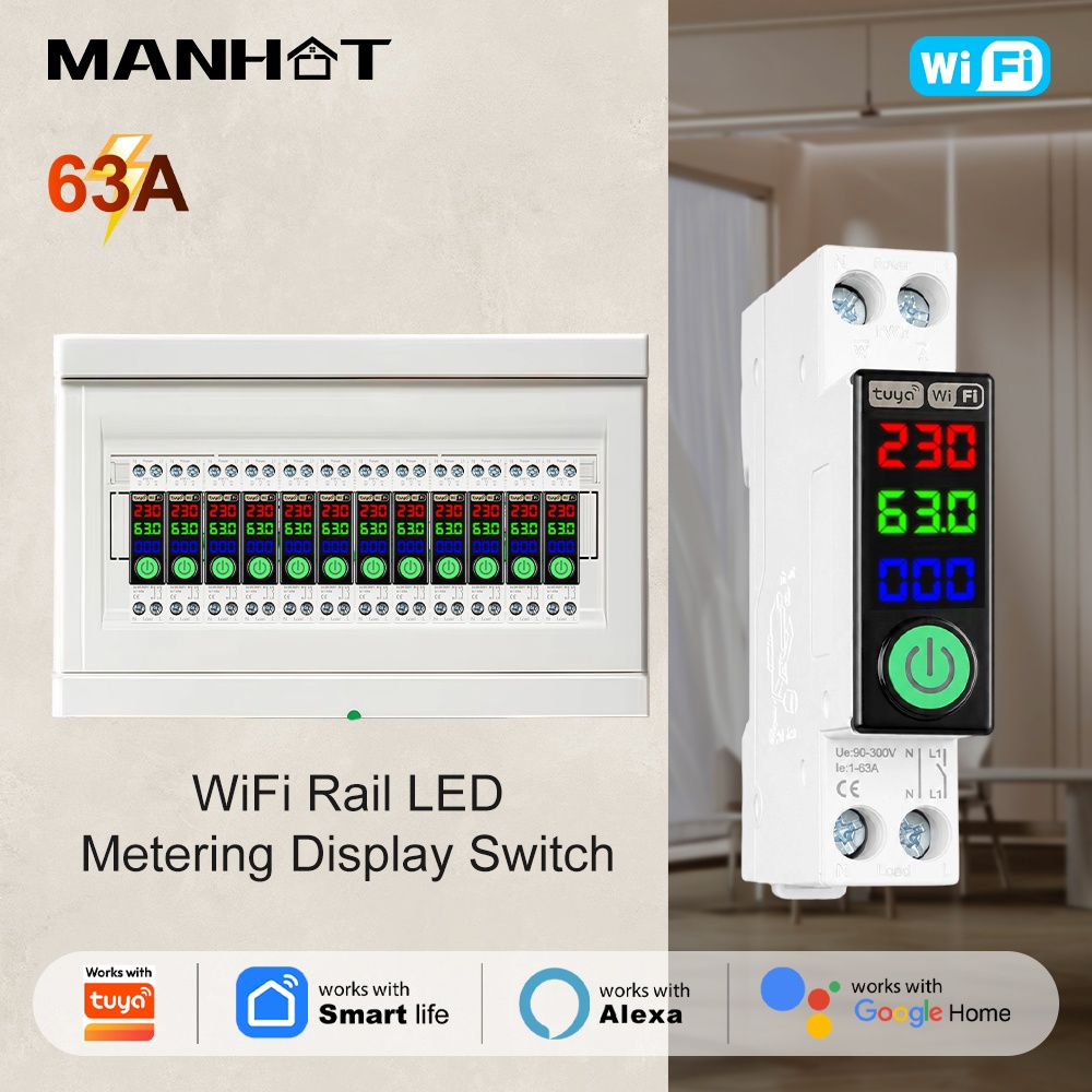 Energy Monitor Meter - เบรกเกอร์ WiFi ยี่ห้อ Manhot พร้อมหน้าจอ LED