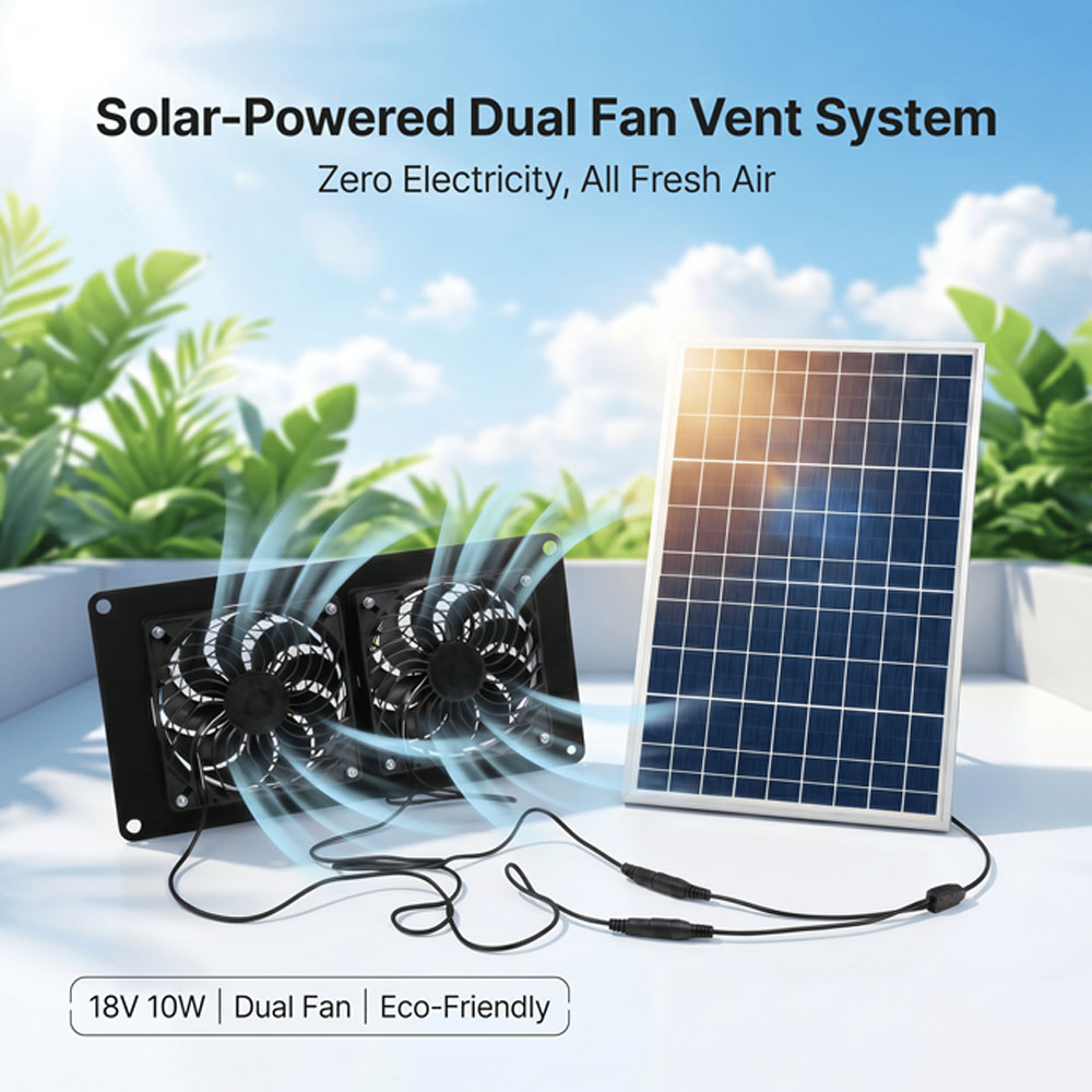 Solar Panel 200W - ชุดพัดลมระบายอากาศพลังงานแสงอาทิตย์ 10W 18V แบบสองพัดลม พร้อมระบบควบคุมแยกอิสระ สำหรับโรงเรือน